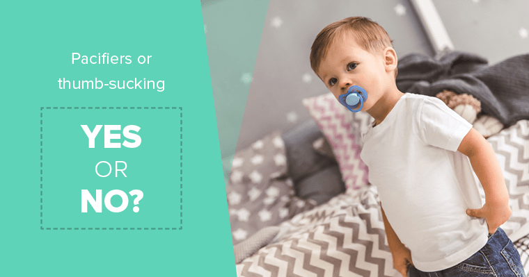 Little boy with blue pacifier in his mouth. Pacifiers or thumb-sucking: Yes or No?