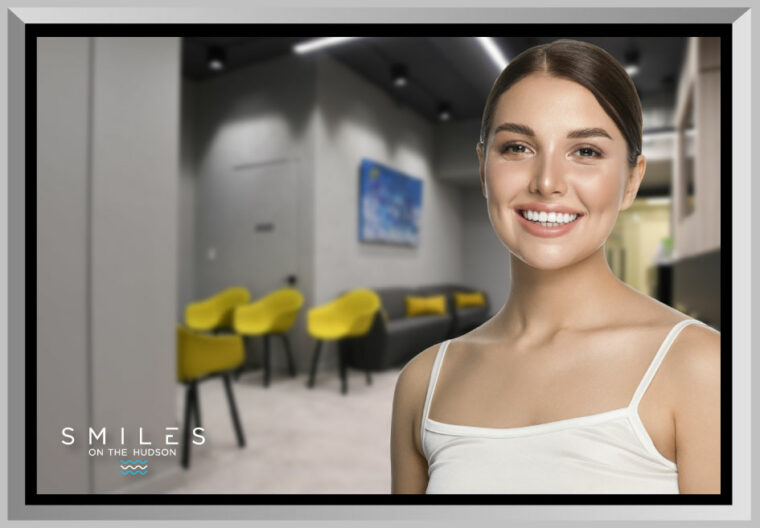A young female poses in the waiting area before cosmetic treatment