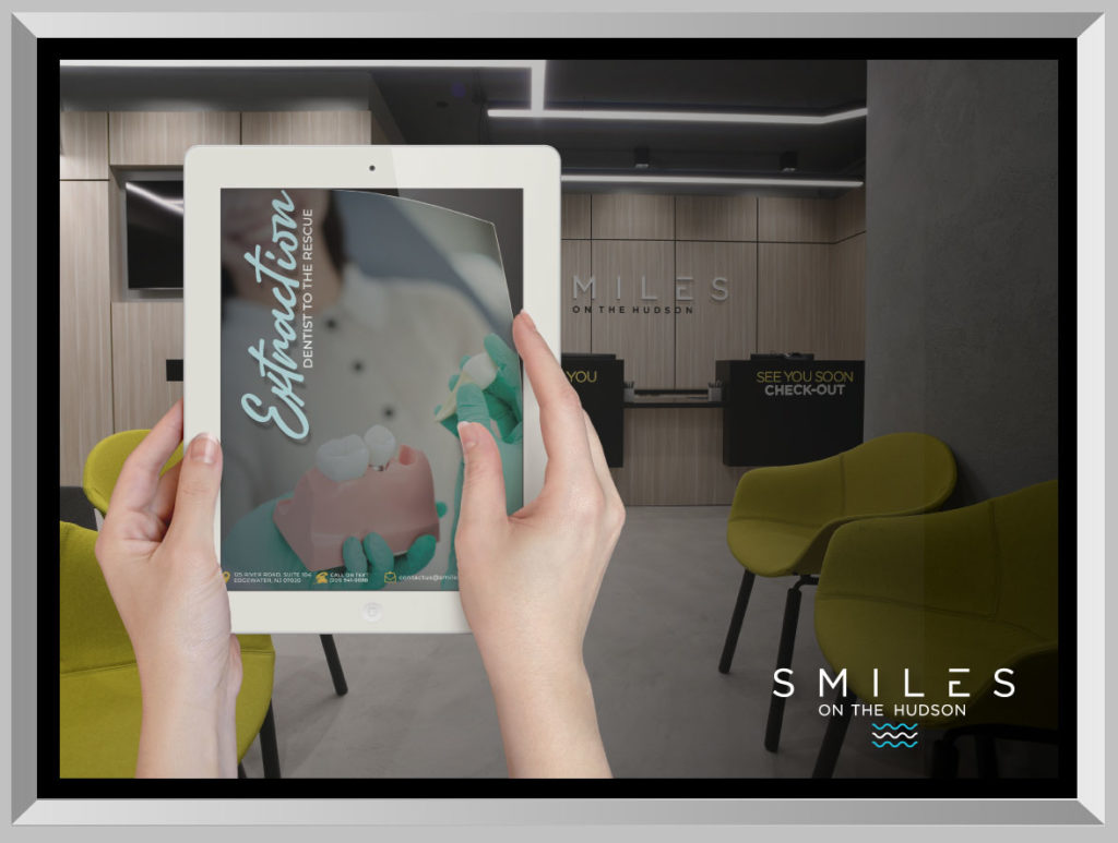 Hands holding a tablet displaying an eBook titled "Extraction: Dentist to the Rescue" in a modern dental office with the Smiles on the Hudson logo visible, featuring green chairs and a reception area.